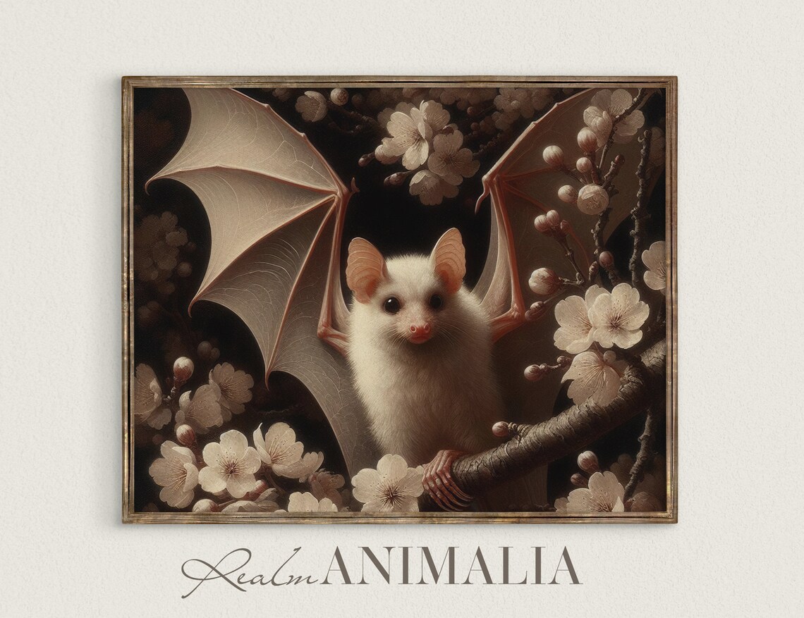 Vintage Bat Art Print, Dark Cottagecore Botanical