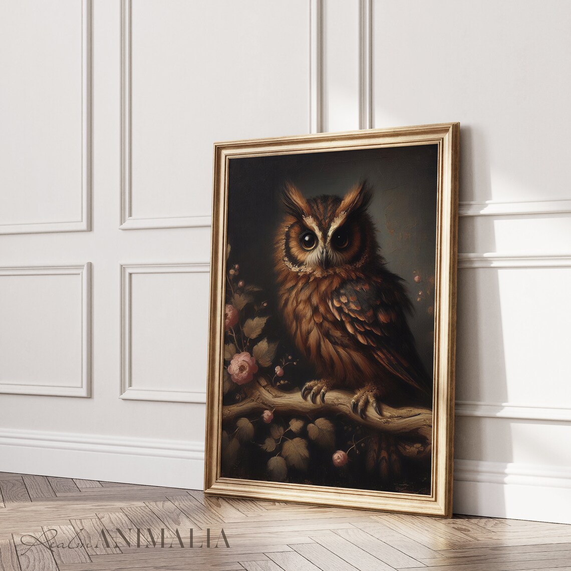 Brown Owl On Flowering Branch Dark Floral Moody Vintage Bird Art Print - Image 3