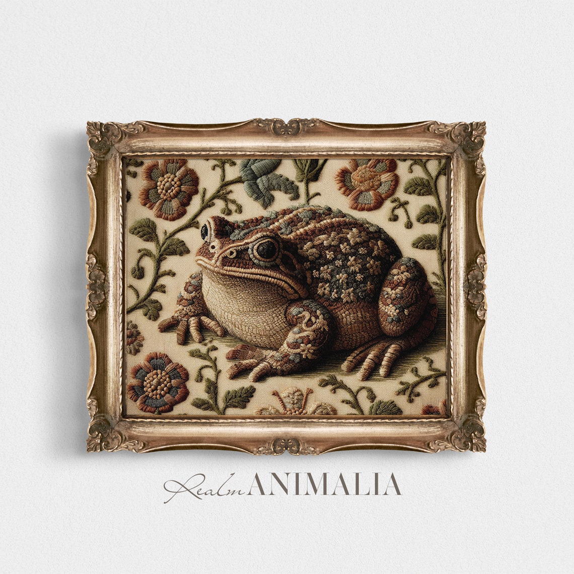 Toad Vintage Embroidery Style Botanical Floral Tapestry Neutral Poster - Image 4