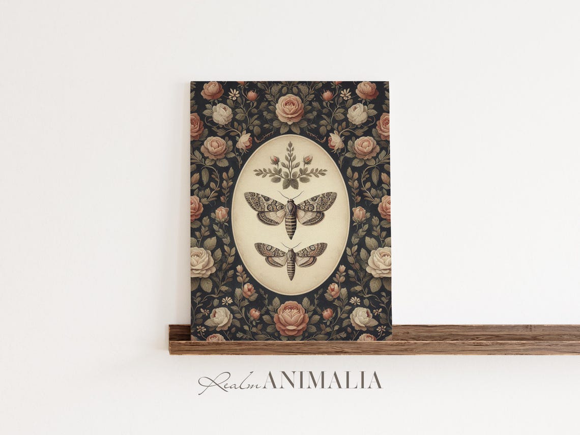 Two Patterned Moths In Oval Medallion Dark Rose Tapestry Insect Poster - Image 3