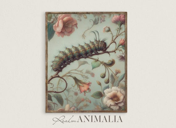 Botanical Caterpillar Art Print Vintage Floral Insect Drawing William Morris Style Cottagecore Wall Art Illustration Cp008