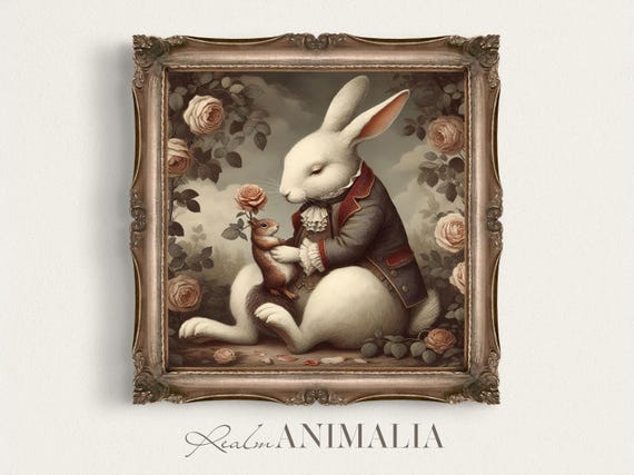 Storybook Rabbit And Squirrel Friends Illustration Vintage Nursery Wall Art Square Art Print Cute Animal Friendship Art Af004