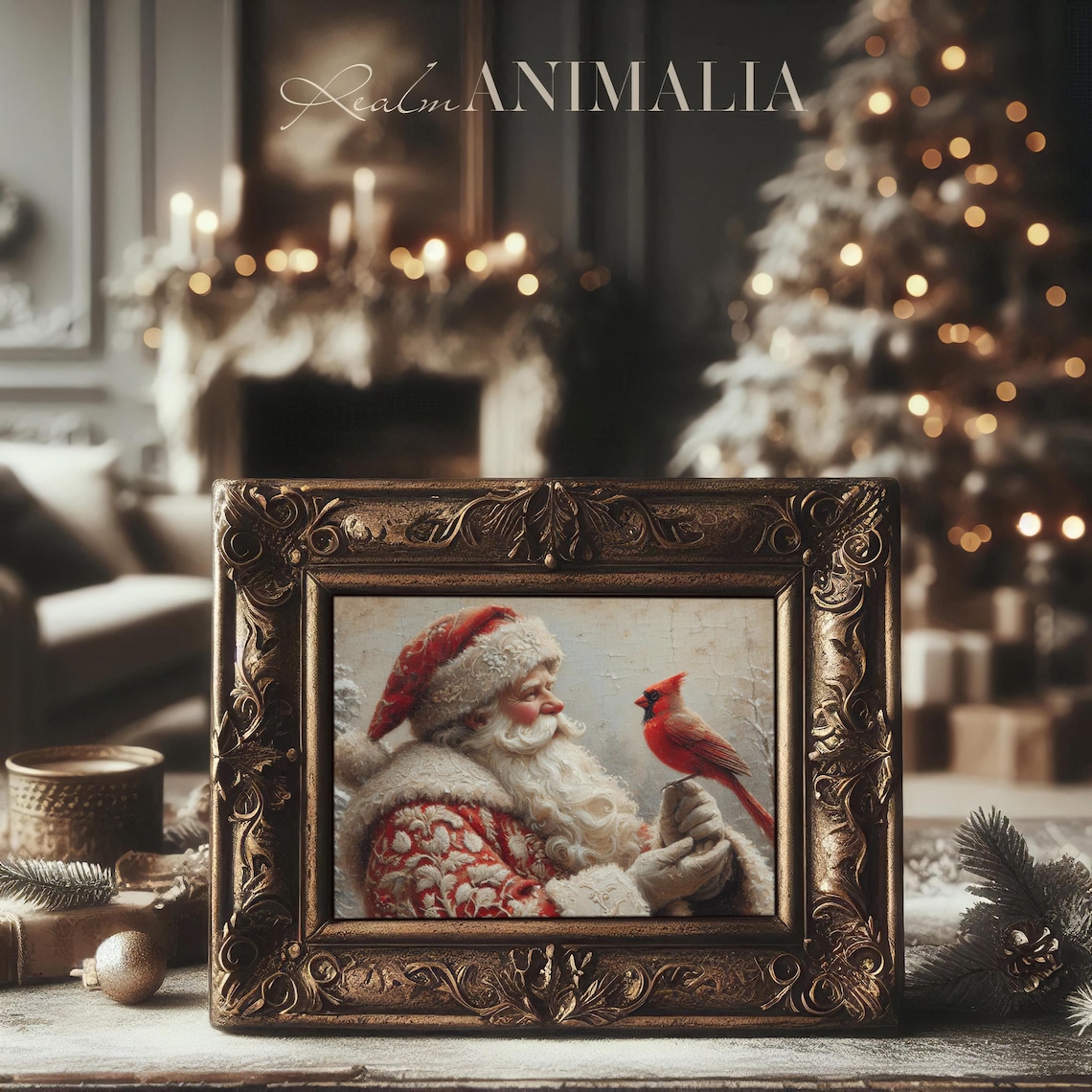 Santa and Cardinal Bird Vintage Christmas Art Print - Image 3