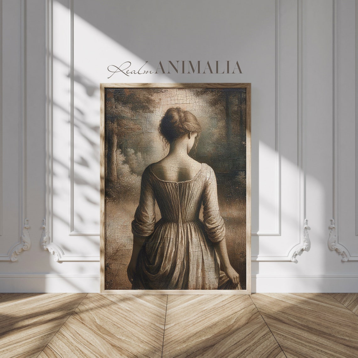 Vintage Woman Entering Woods Painting Neutral Vintage Female Figure Print Woman Antique Portrait Art Hu008 - Image 3