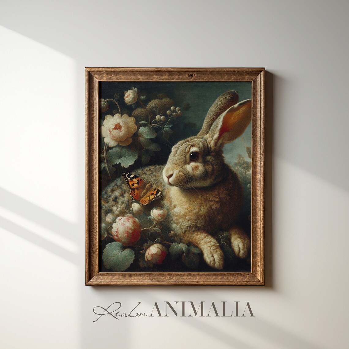 Brown Rabbit With Butterfly Among White And Peach Roses Vintage Art Print - Image 4