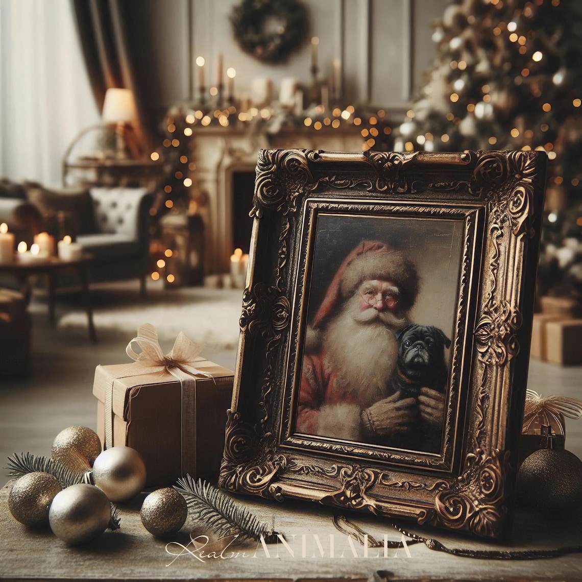 Vintage Santa Claus Holding Black Pug Dog Moody Christmas Poster - Image 3