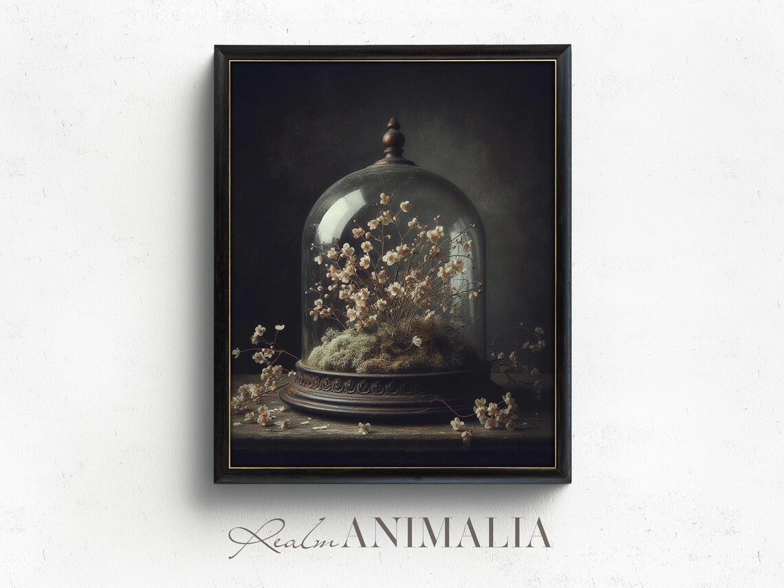 Flowers in Cloche, Moody Victorian Botanical Art Print - Image 2