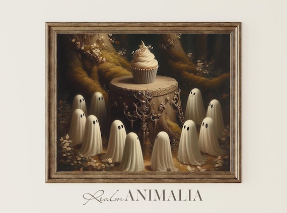 Cute Ghosts Gathered Around Giant Cupcake Forest Party Halloween Poster