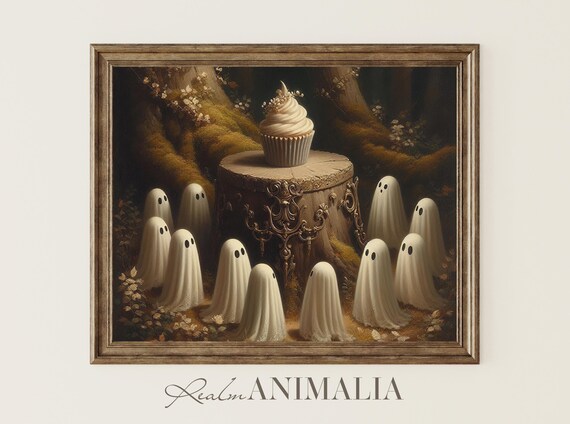 Ghosts Gathering Around Cupcake Art Print Cute Ghost Painting Halloween Wall Art Moody Whimsical Kitchen Art Prints Gh152