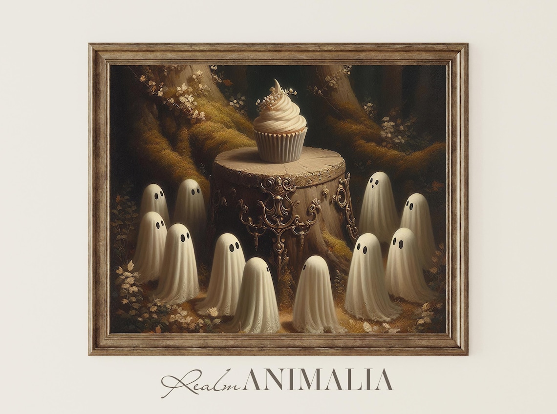 Cute Ghosts Gathered Around Giant Cupcake Forest Party Halloween Poster
