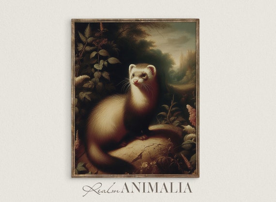 Vintage Ferret Print Moody Cottagecore Animal Fine Art Print Vintage Ferret Painting Wall Decor Frt001