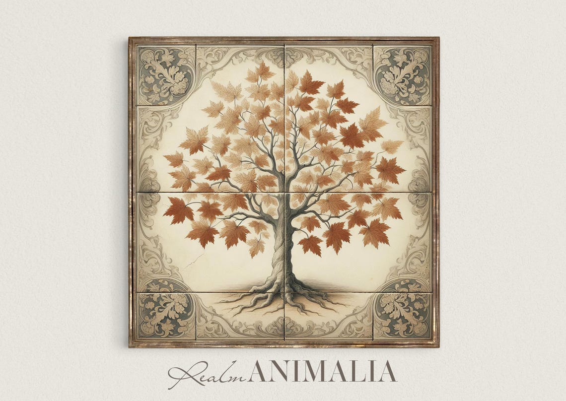 Fall Maple Tree On Vintage Ceramic Tile Antique Botanical Poster