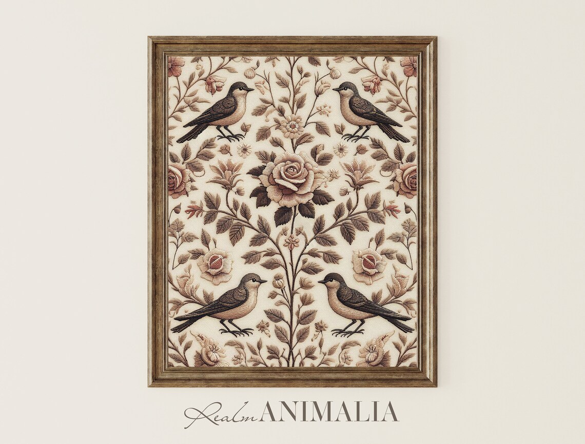 Birds And Roses Botanical Embroidery Vintage Neutral Textile Art Print