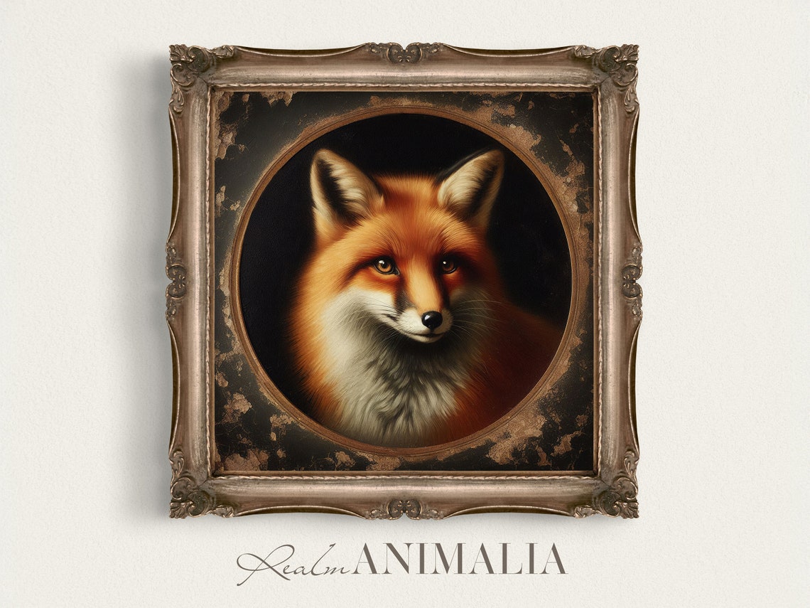 Red Fox Portrait In Circular Dark Gold Frame Moody Animal Art Print - Image 4