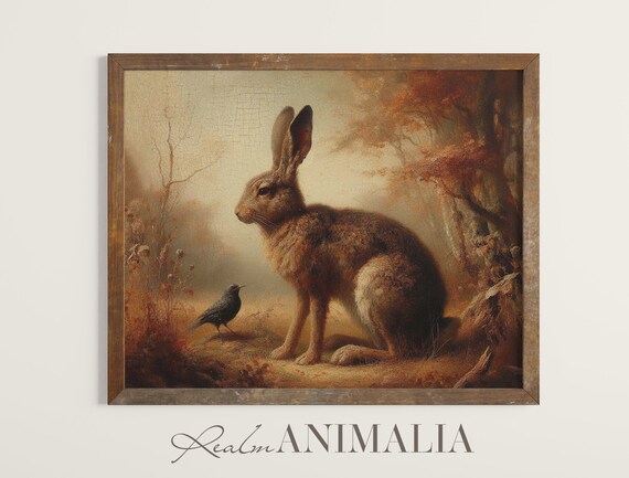 Autumn Rabbit And Blackbird Print Vintage Moody Fall Wall Art Wildlife Painting Hare And Bird Fine Art Hr009