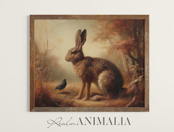 Autumn Rabbit and Blackbird Vintage Oil Painting Moody Fall Wildlife Poster