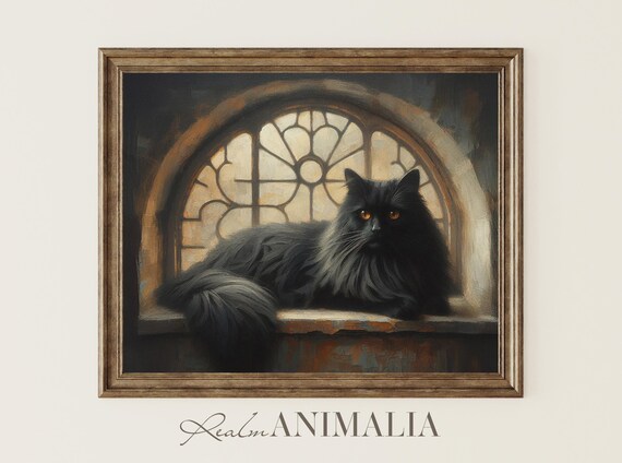 Black Long Haired Cat With Amber Eyes In Arched Window Moody Art Poster