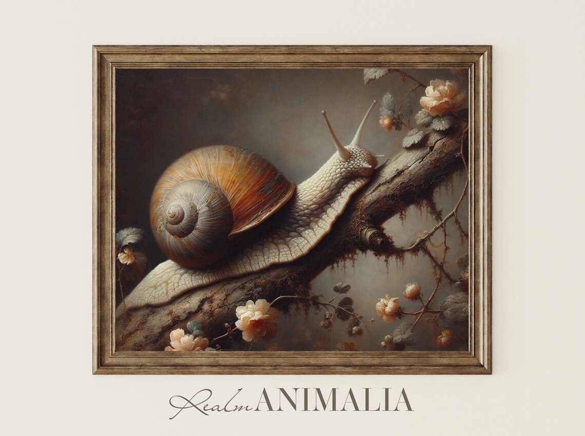Vintage Snail Art Print, Moody Botanical Cottagecore
