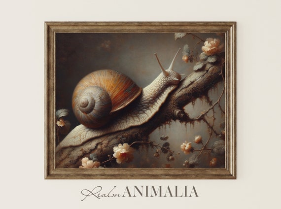 Vintage Snail Art Print, Moody Botanical Cottagecore