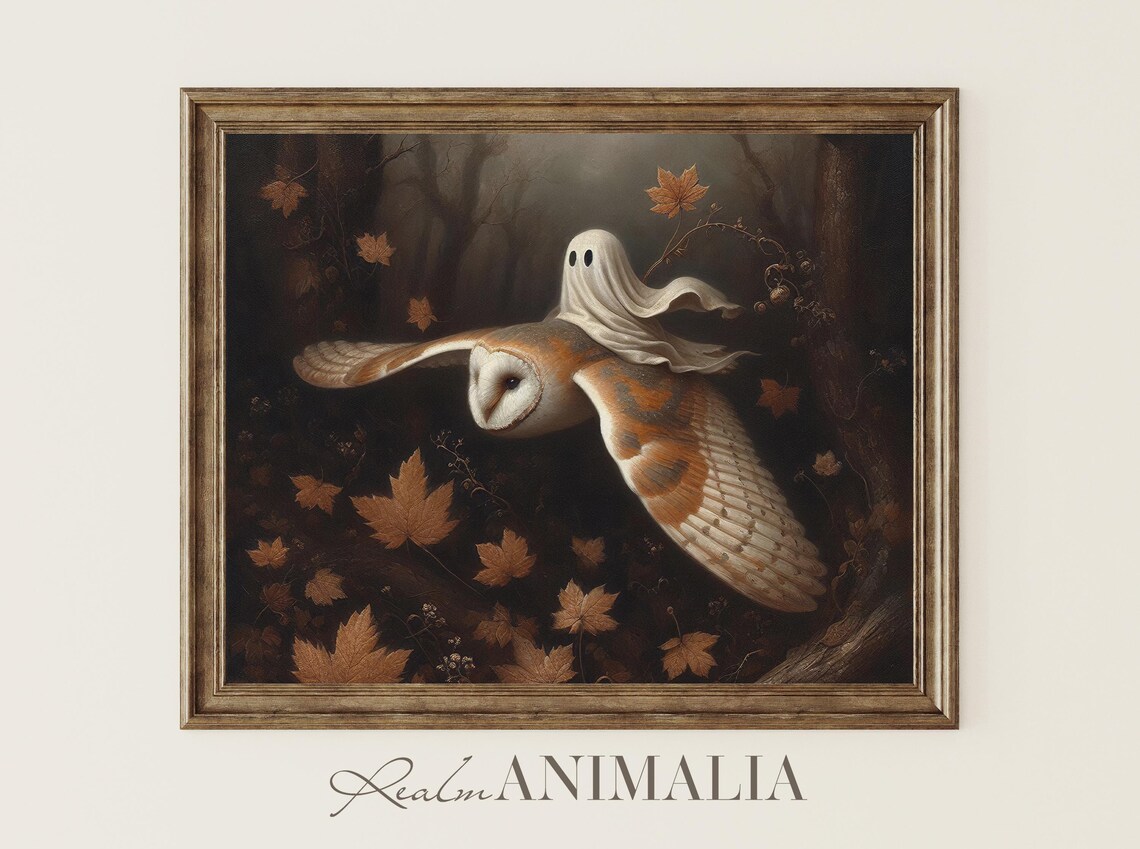 Little Ghost Riding Barn Owl Flying Autumn Leaves Moody Halloween Poster