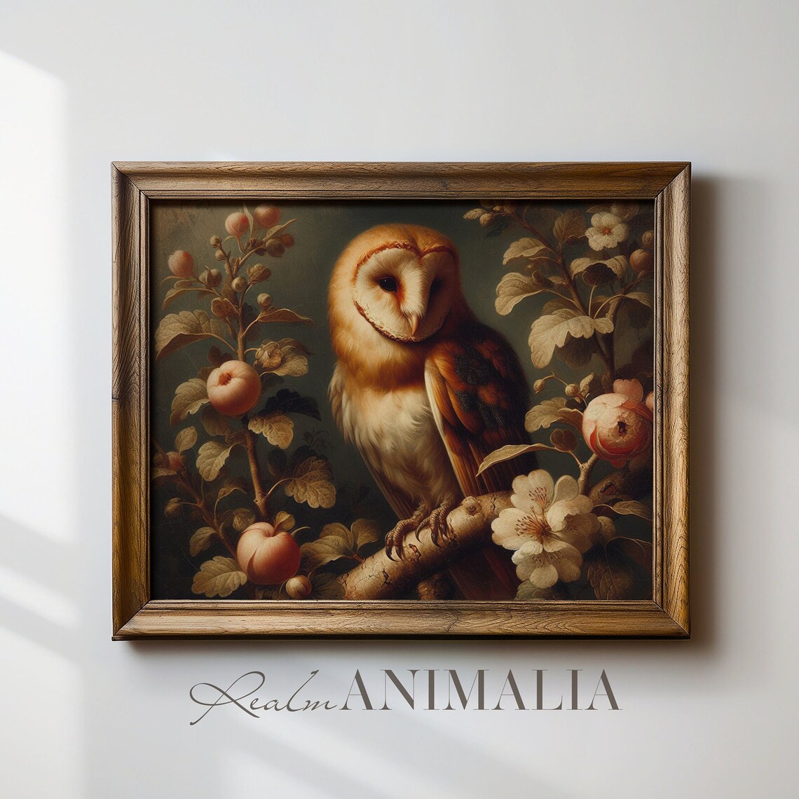 Barn Owl On Blossom Branch With Pink Crabapples Vintage Bird Art Print - Image 4