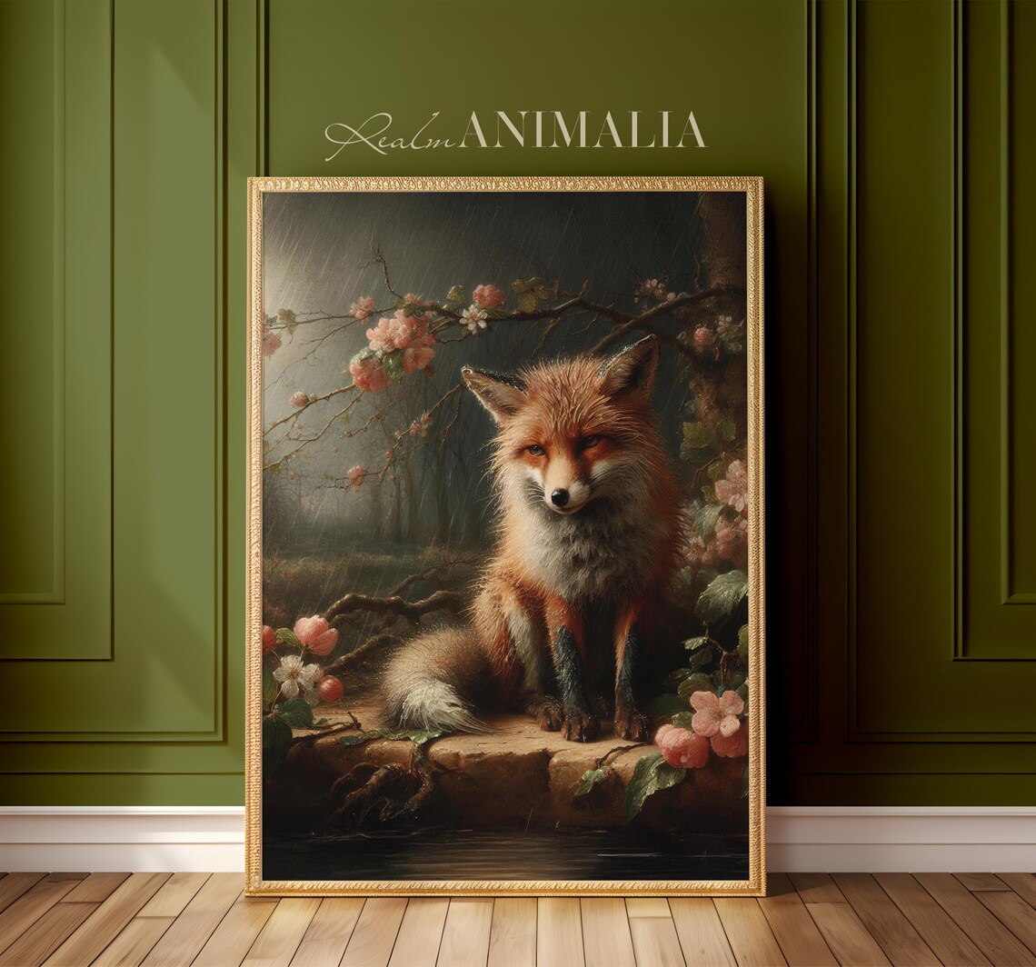 Red Fox Sitting In Spring Rain Among Pink Blossom Branches Moody Woodland Poster - Image 2