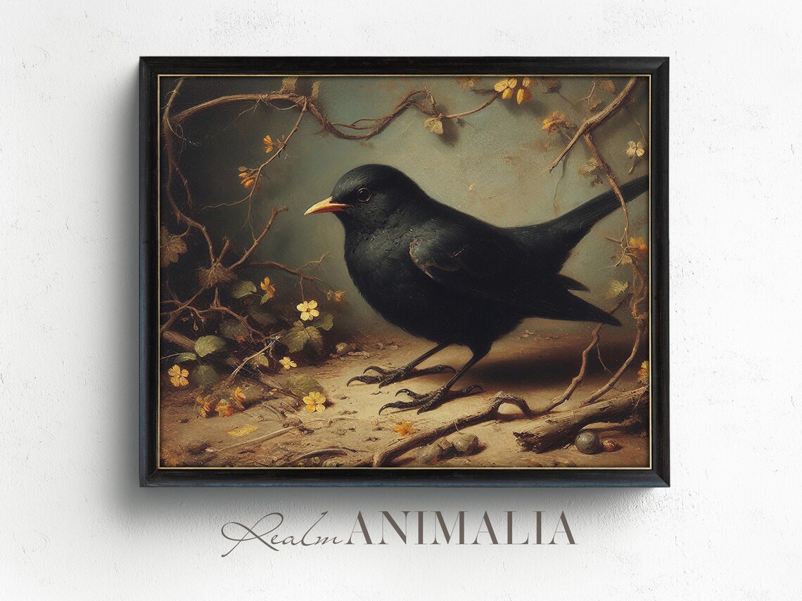 Blackbird With Yellow Beak Among Bare Branches Moody Vintage Bird Art Print - Image 2