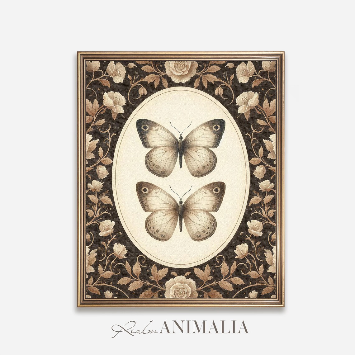 Two Butterflies In Oval Medallion Brown Floral Tapestry Vintage Poster - Image 2