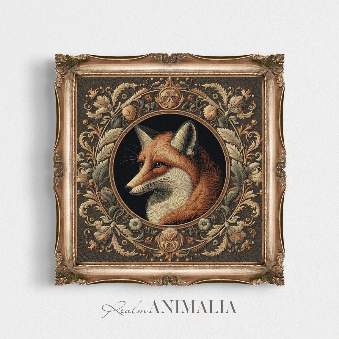 Fox Portrait Vintage Embroidery Style Ornate Botanical Circle Poster - Image 3