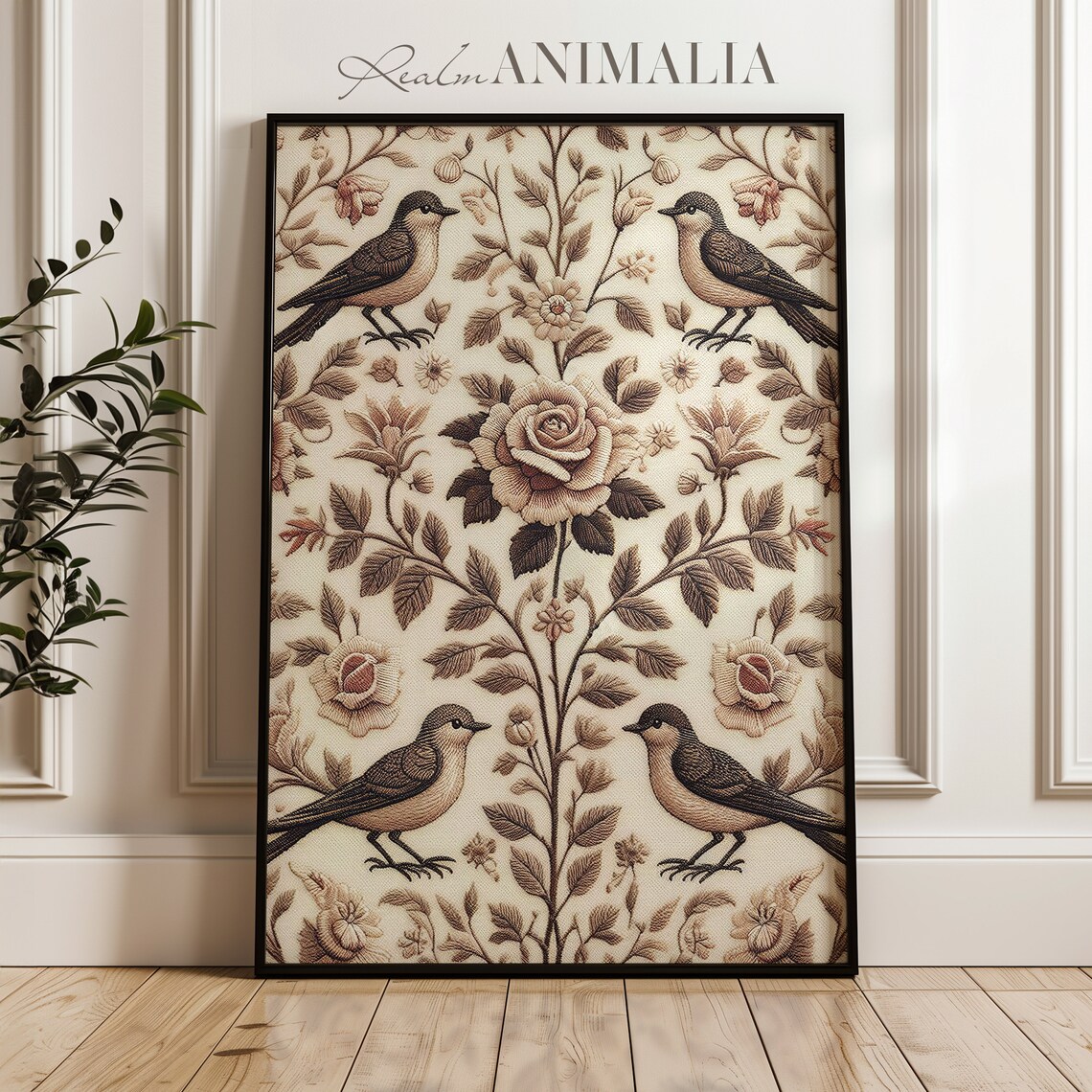 Birds And Roses Botanical Embroidery Vintage Neutral Textile Art Print - Image 3