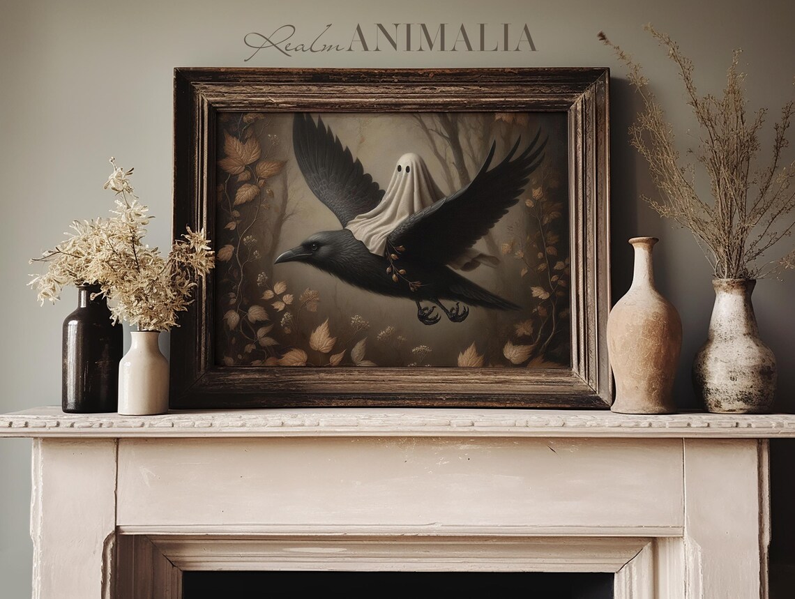 Little Ghost Riding On Crow, Cute Halloween Art Print - Image 2