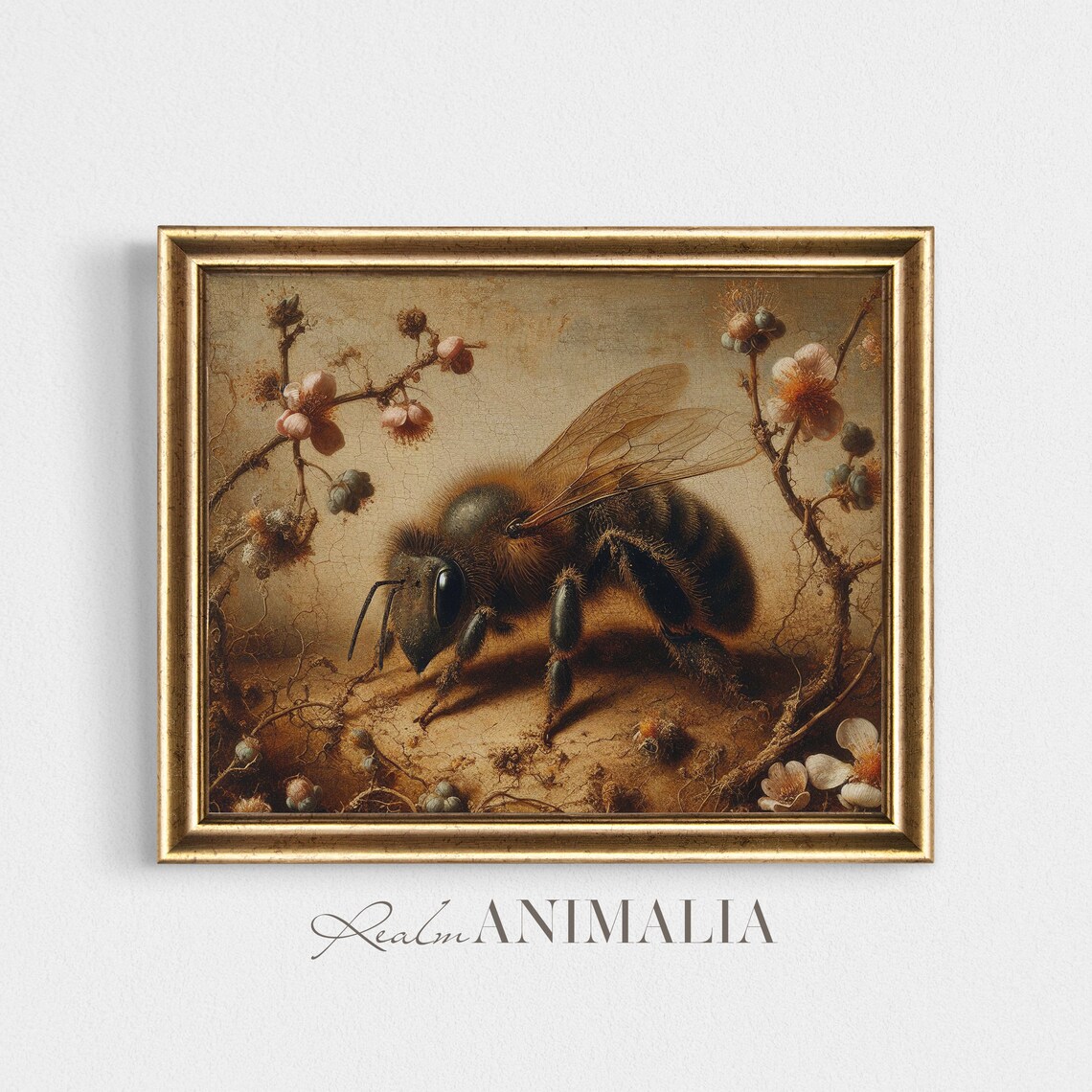 Dark Honey Bee With Blossom Branches Vintage Neutral Insect Art Print - Image 2