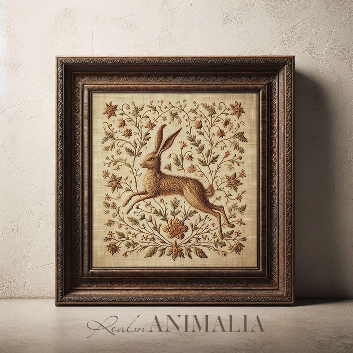 Leaping Hare On Vintage Embroidered Tapestry With Botanical Florals Poster - Image 4