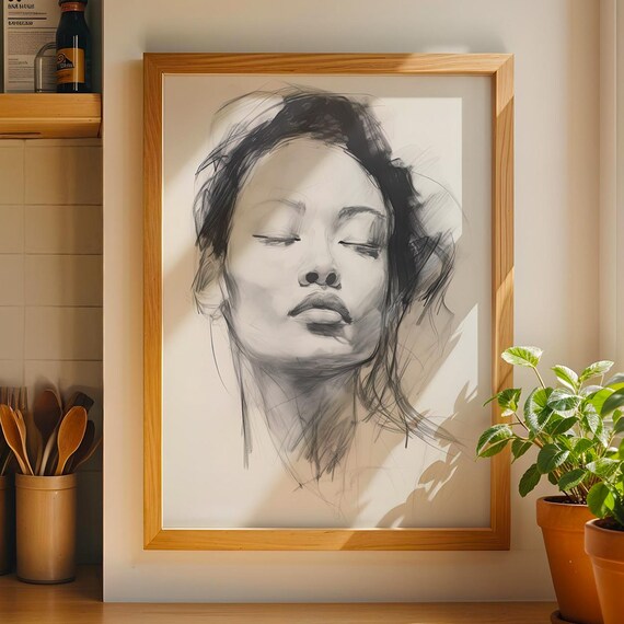 Charcoal Female Portrait Sketch Wall Art Minimalist Black And White Face Drawing Modern Poster For Bedroom Or Studio