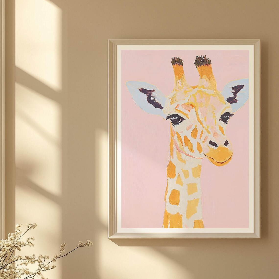 Adorable Giraffe Head Portrait on Pastel Pink Safari Nursery Print