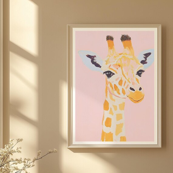 Adorable Giraffe Head Portrait on Pastel Pink Safari Nursery Print