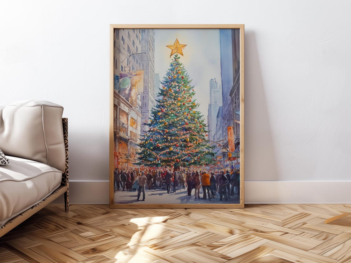 Christmas Tree Winter Watercolor Painting, Holiday Poster - Image 3