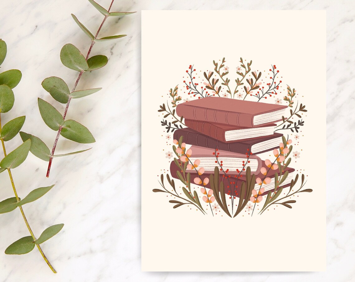 Stack of Vintage Books Botanical Floral Illustration Art Print - Image 5