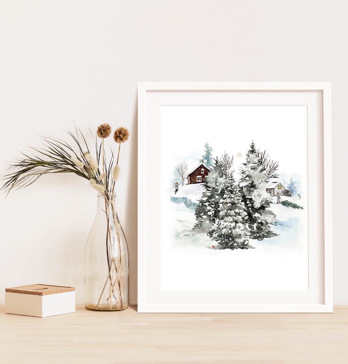 Charming Snowy Cabin Pond Skaters Winter Wonderland Watercolor Poster - Image 3