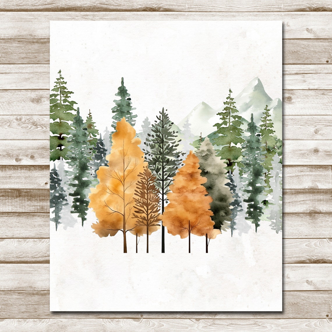 Woodland Autumn Forest Golden Trees Mountain Watercolor Wall Art - Image 4