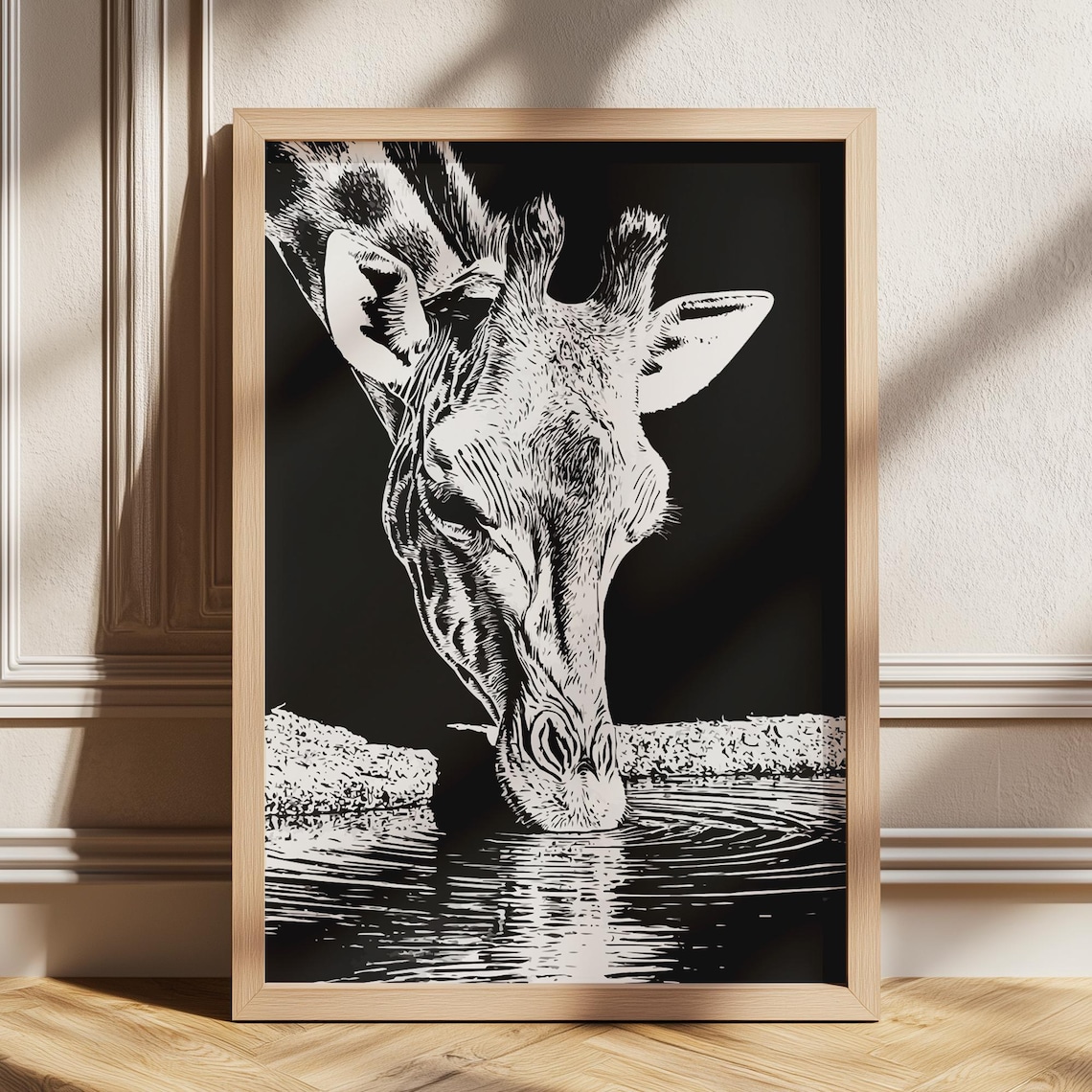 Giraffe Drinking from a Waterhole Dramatic Black and White Wildlife Art Poster