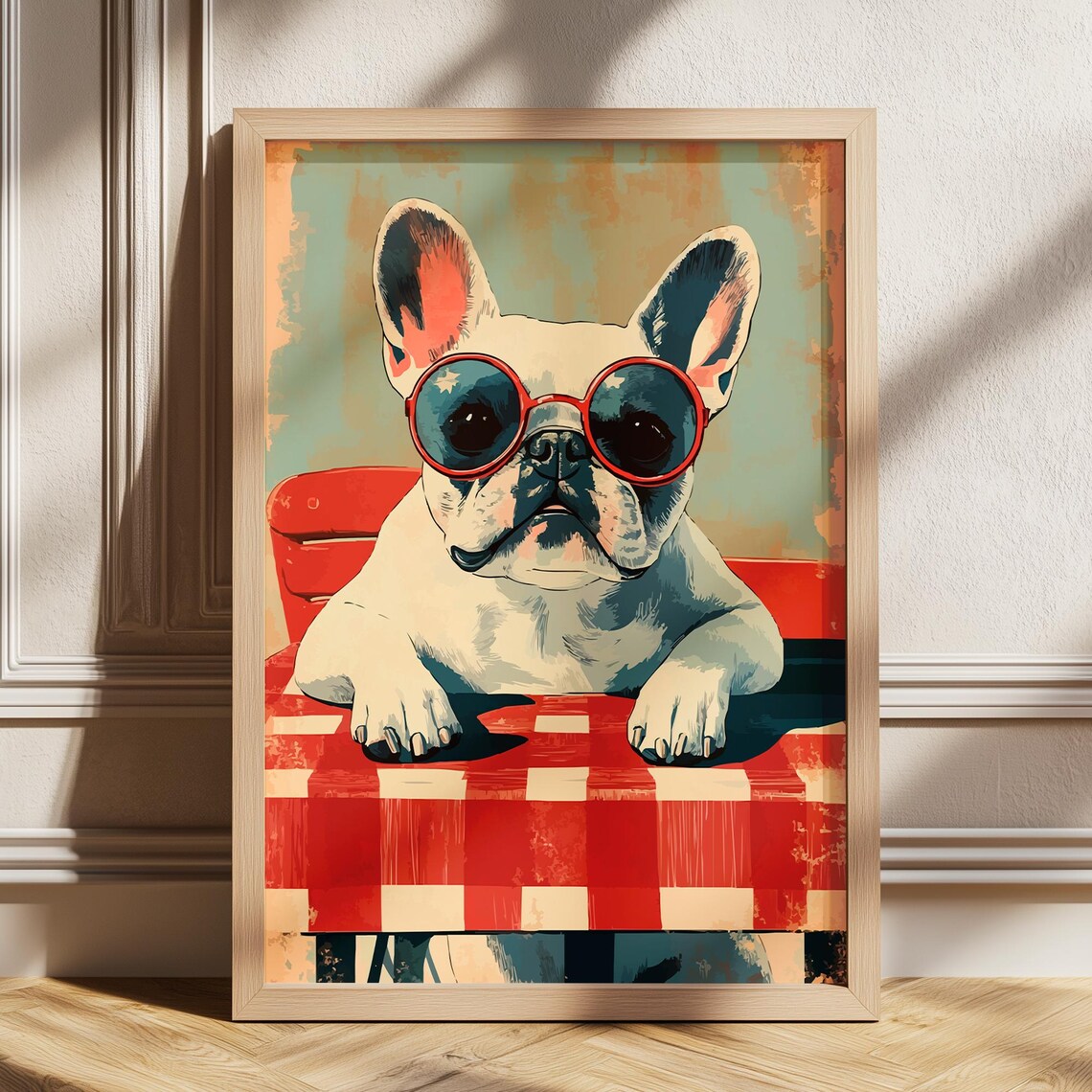 Funny French Bulldog Wearing Red Sunglasses Retro Pop Art Poster
