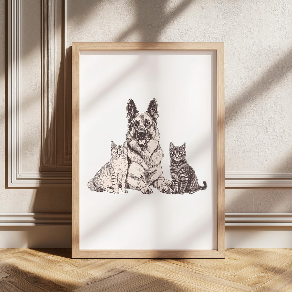 German Shepherd With Two Tabby Cats Ink Trio Illustration Poster