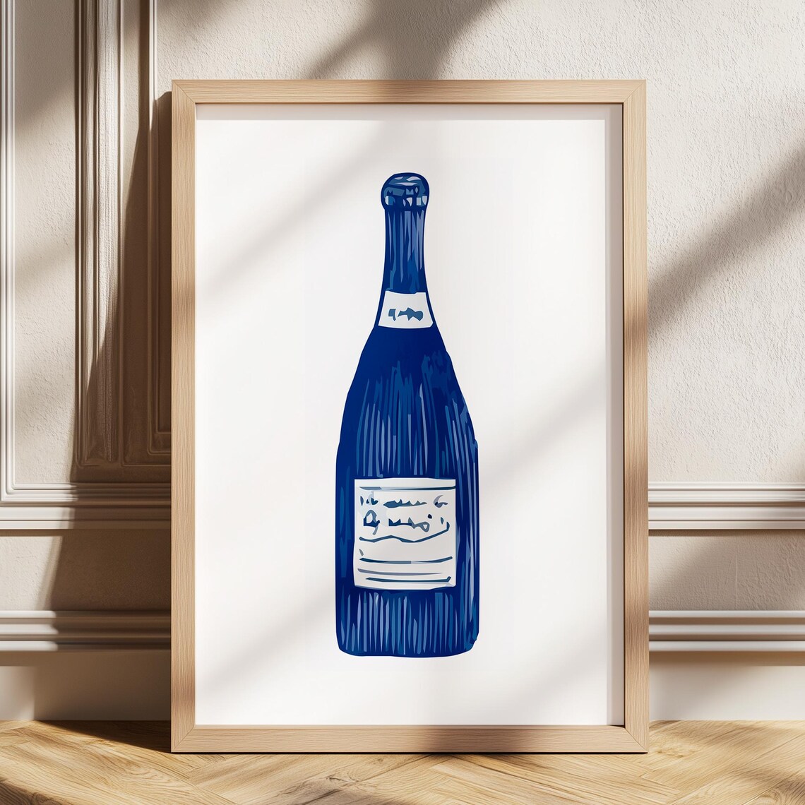 Blue Wine Bottle Line Art Minimalist Kitchen Modern Food Poster