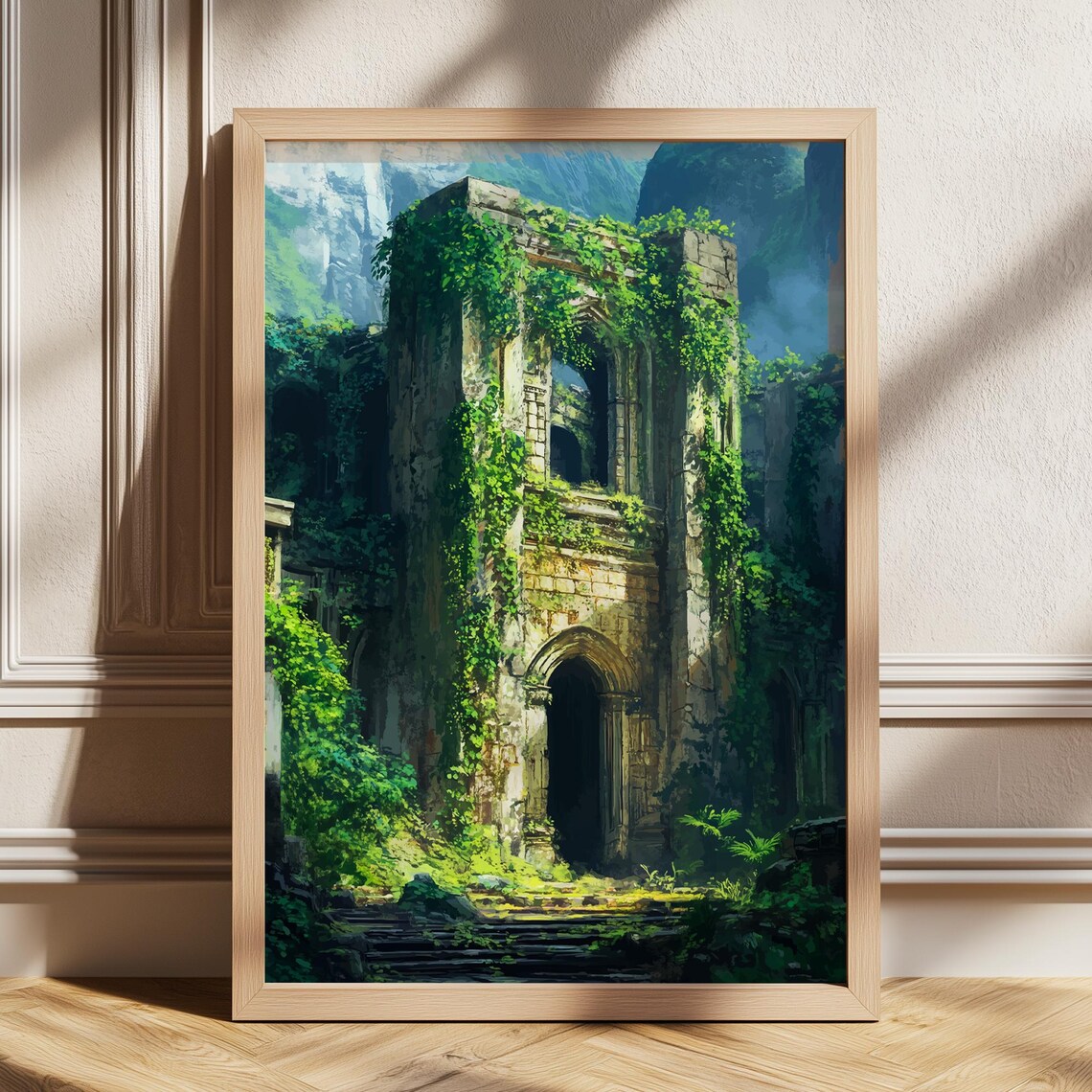Ivy Covered Castle Ruins Misty Jungle Fantasy Architecture Wall Art