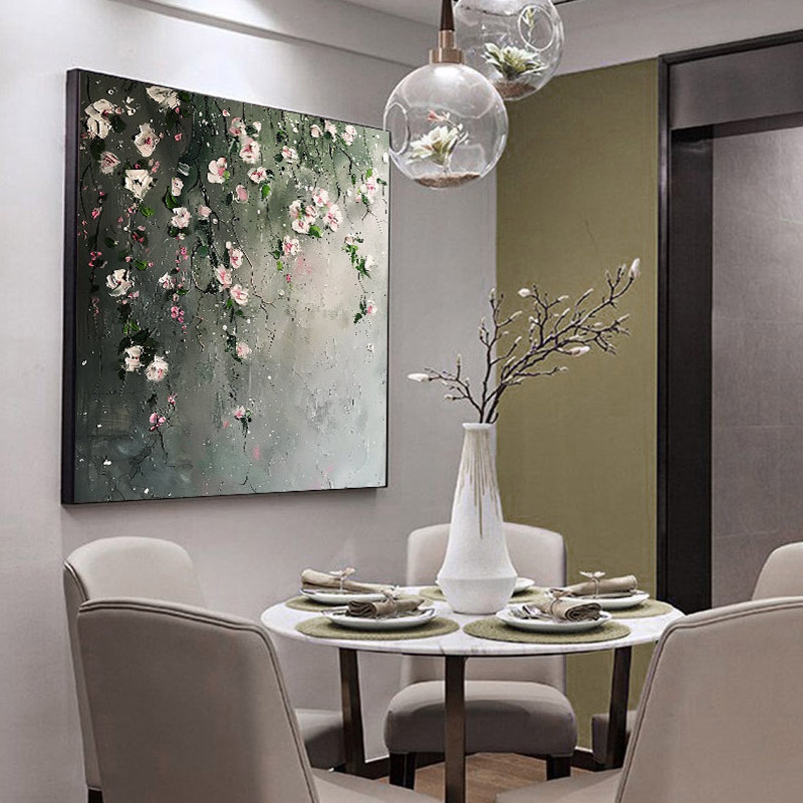 White Pink Roses Minimalist Blossom Branch Square Art Painting Poster - Image 5