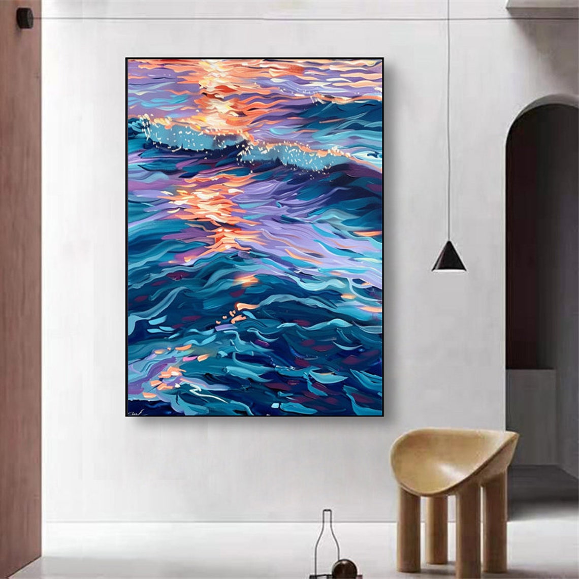 Sunset Reflections On Violet Blue Ocean Waves Vertical Art Poster - Image 6