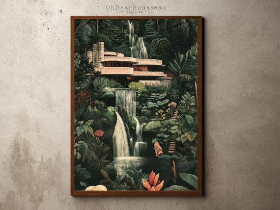 Fallingwater Inspired Jungle Retreat Art Print Lush Nature Modern Architecture Frank Lloyd Wright Style Wall Decor For Home Office