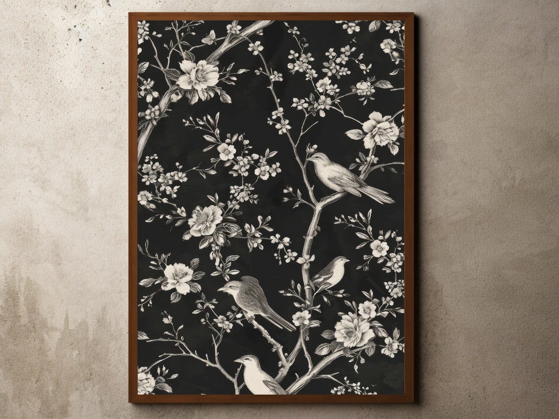 Black And White Floral Bird Pattern Vintage Tapestry Wall Art