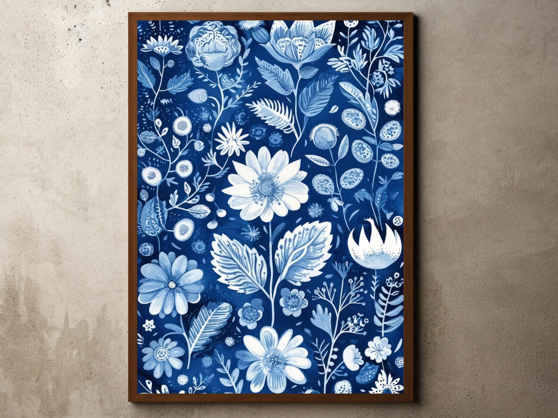 Blue White Delft Floral Pattern Vintage Botanical Textile Poster